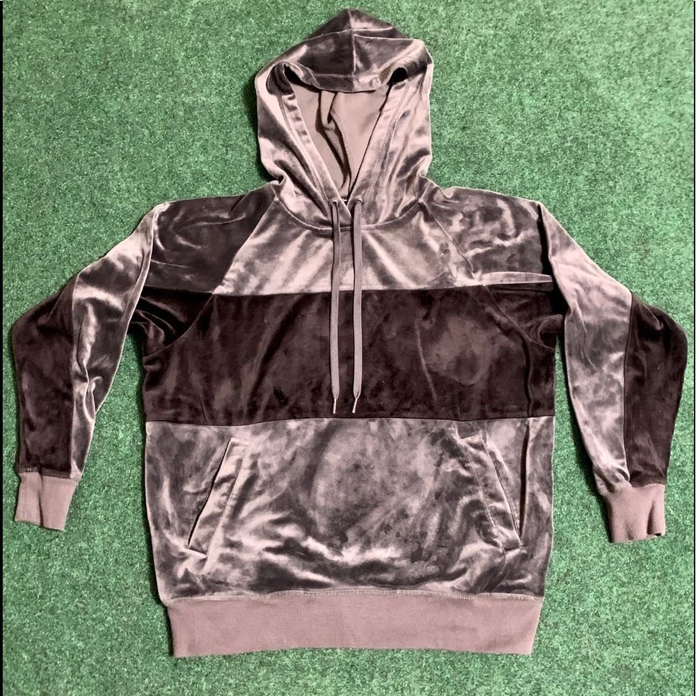 Champion Womens Hoodie Small Gray Black Velour Velvet Sweatshirt Hooded Pullover